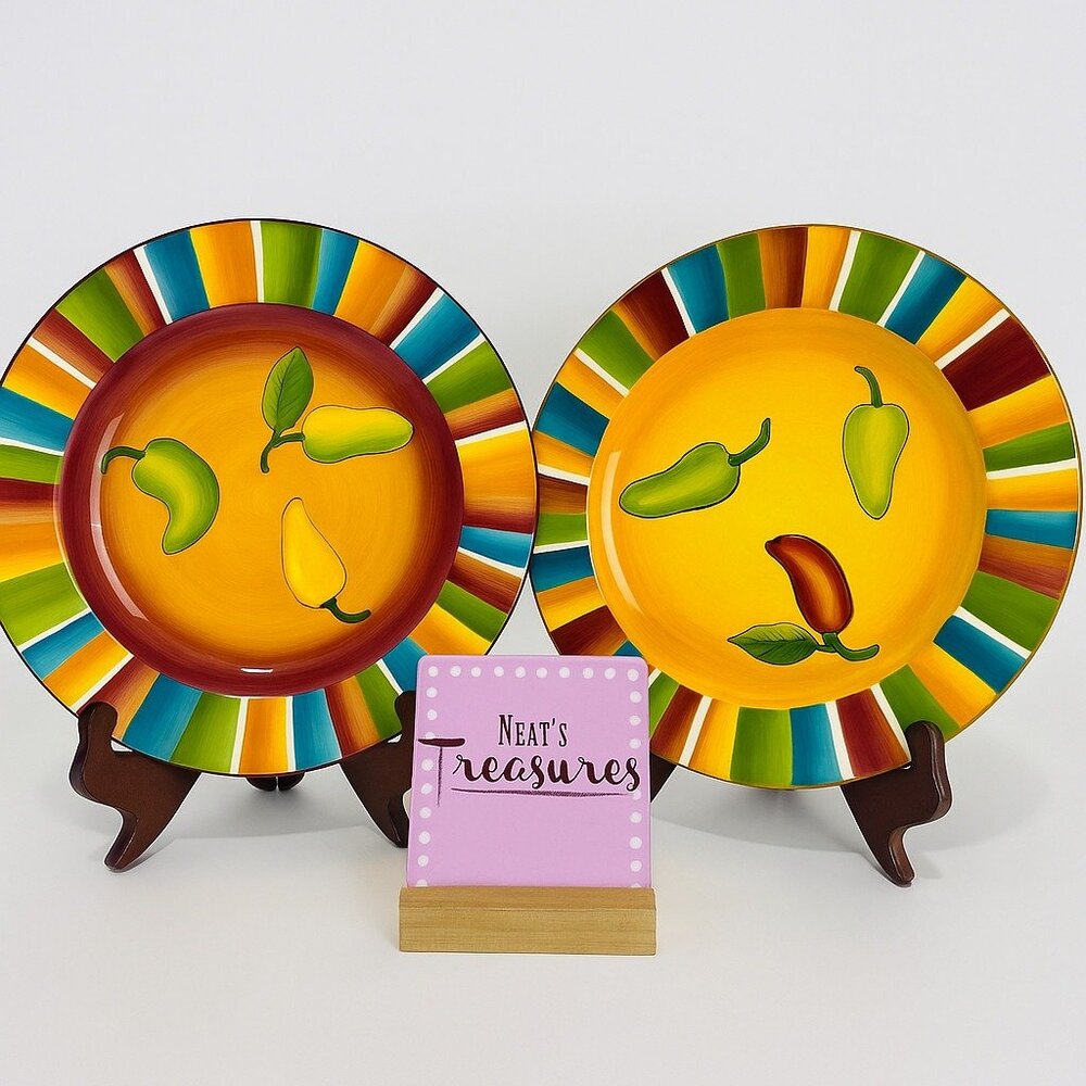 Noble Excellence HACIENDA Colorful Peppers Earthenware Salad Lunch Plates Set 2